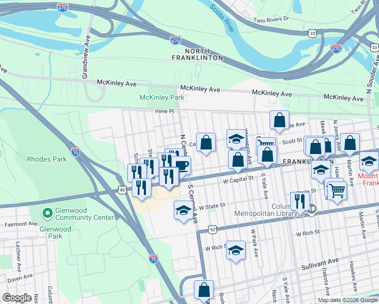 map of restaurants, bars, coffee shops, grocery stores, and more near 108 North Central Avenue in Columbus