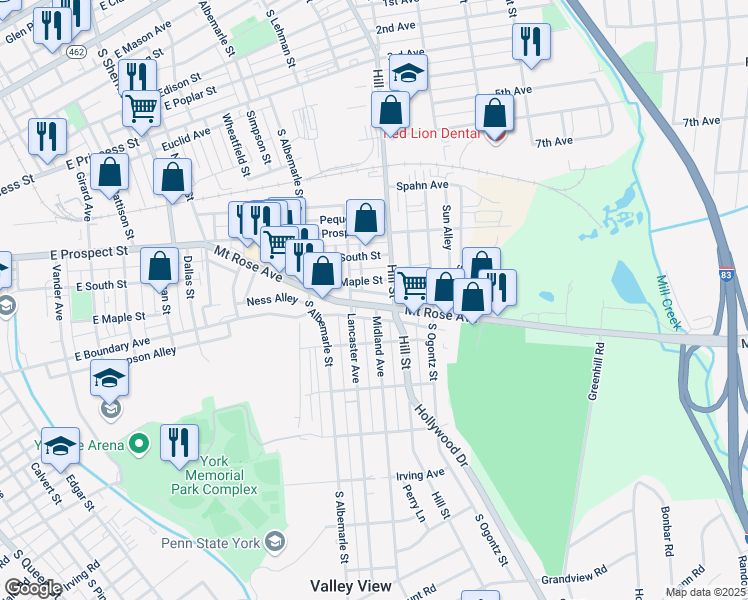 map of restaurants, bars, coffee shops, grocery stores, and more near 1221 Mount Rose Avenue in York