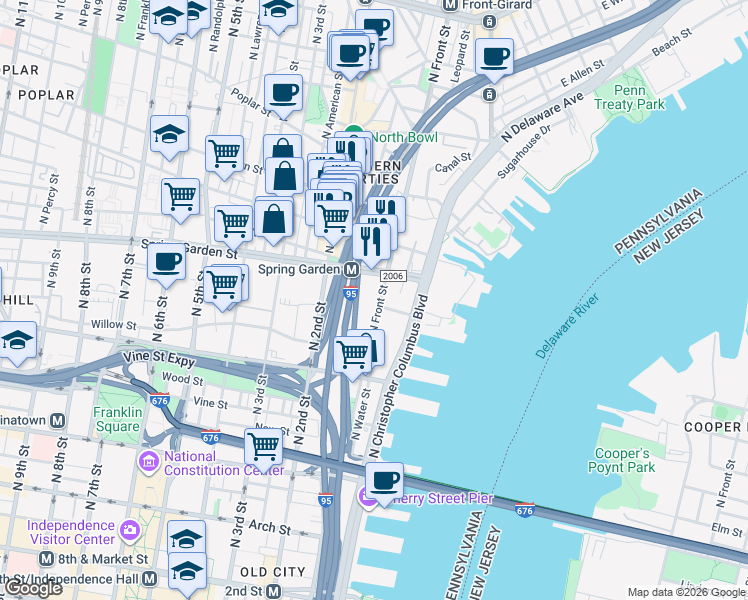 map of restaurants, bars, coffee shops, grocery stores, and more near 500 North Front Street in Philadelphia