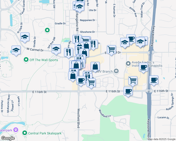 map of restaurants, bars, coffee shops, grocery stores, and more near 118 Medical Drive in Carmel
