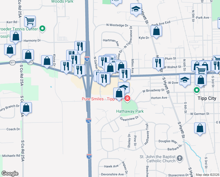 map of restaurants, bars, coffee shops, grocery stores, and more near 952 West Main Street in Tipp City