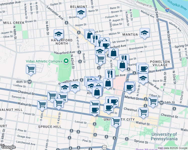 map of restaurants, bars, coffee shops, grocery stores, and more near 318 North 40th Street in Philadelphia