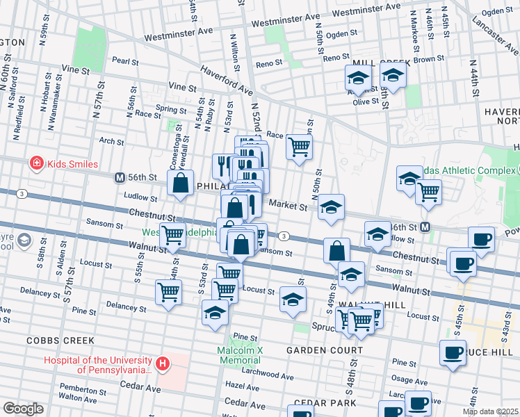 map of restaurants, bars, coffee shops, grocery stores, and more near 5141 Ludlow Street in Philadelphia
