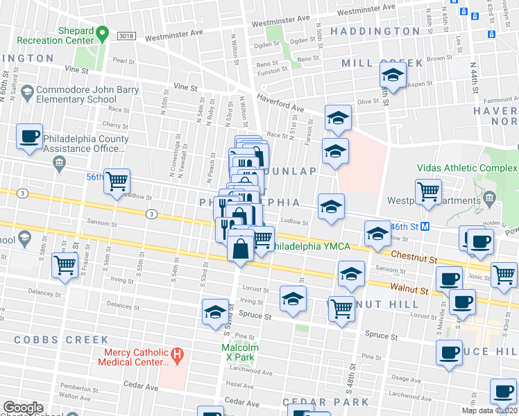 map of restaurants, bars, coffee shops, grocery stores, and more near 5141 Ludlow Street in Philadelphia