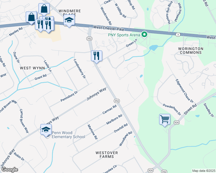 map of restaurants, bars, coffee shops, grocery stores, and more near Rte 352 in Chester