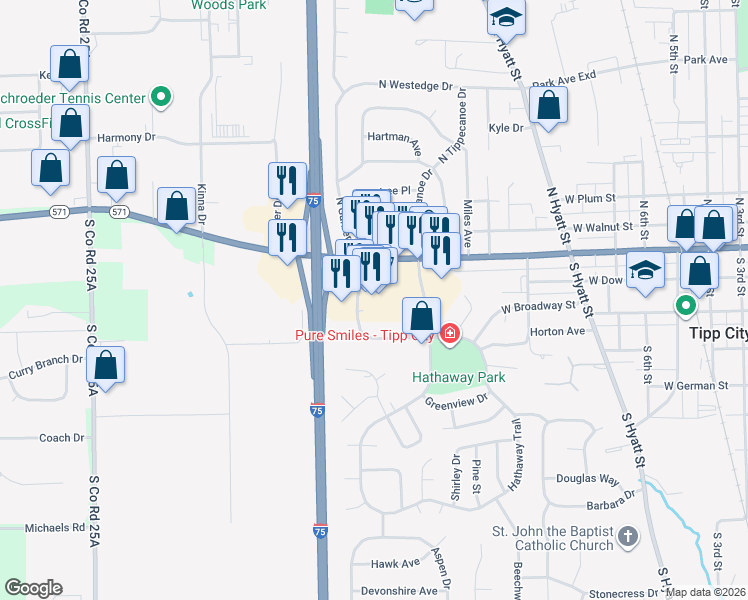 map of restaurants, bars, coffee shops, grocery stores, and more near 970 West Main Street in Tipp City
