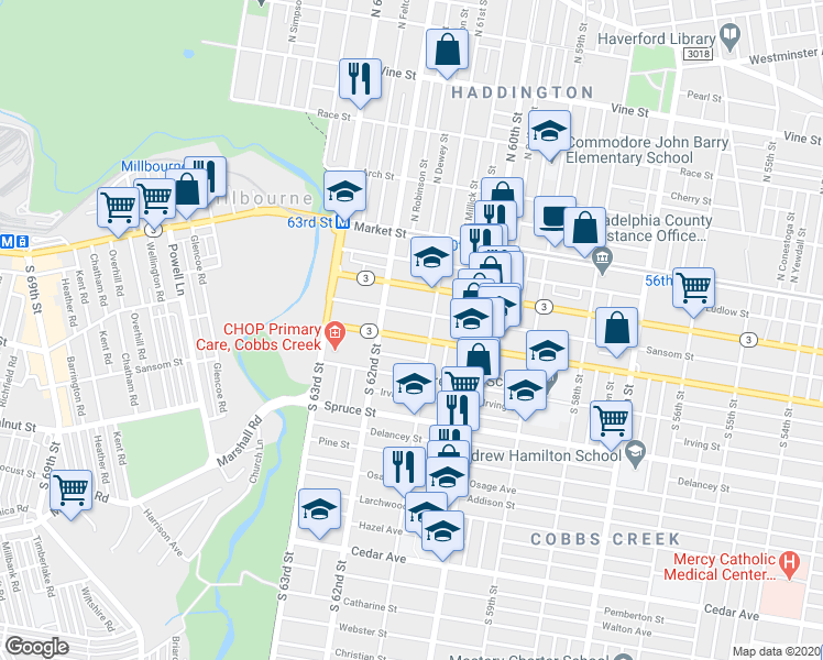 map of restaurants, bars, coffee shops, grocery stores, and more near 6125 Walnut Street in Philadelphia