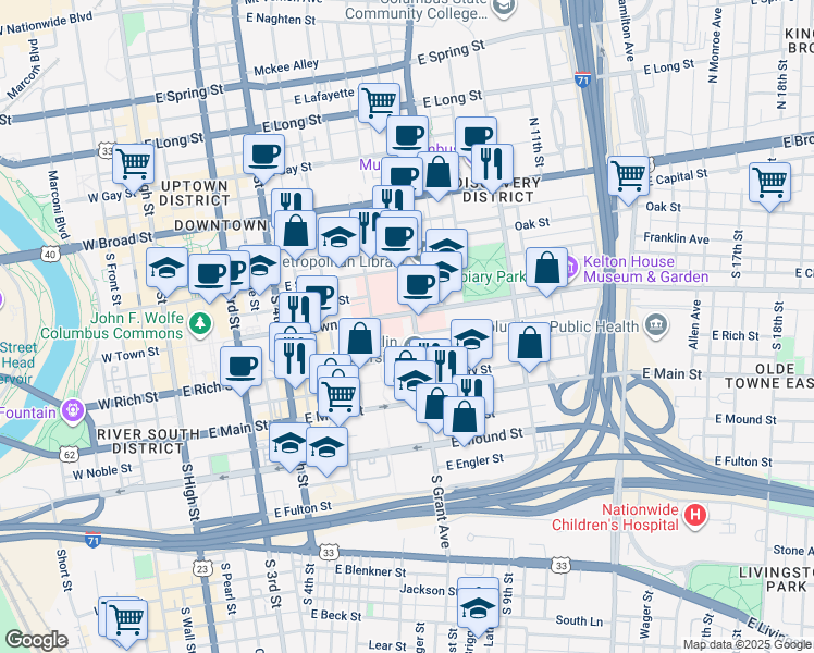 map of restaurants, bars, coffee shops, grocery stores, and more near 201 South Grant Avenue in Columbus