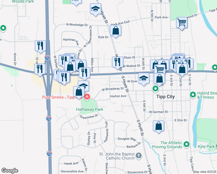 map of restaurants, bars, coffee shops, grocery stores, and more near 125 Rohrer Drive in Tipp City