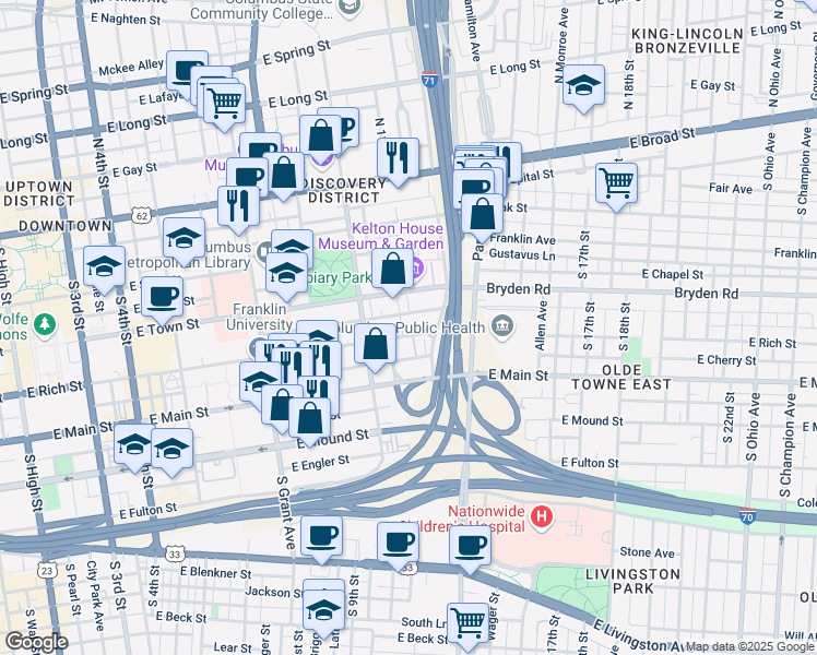 map of restaurants, bars, coffee shops, grocery stores, and more near 571 East Walnut Street in Columbus