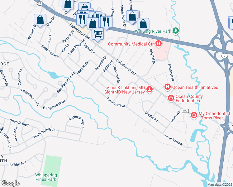map of restaurants, bars, coffee shops, grocery stores, and more near 44 Williamsburg Drive in Toms River