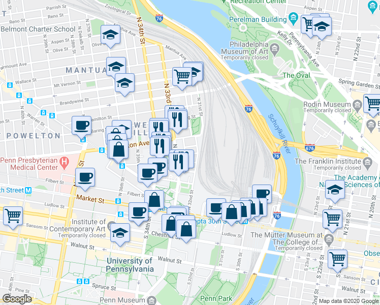map of restaurants, bars, coffee shops, grocery stores, and more near 3201 Winter Street in Philadelphia