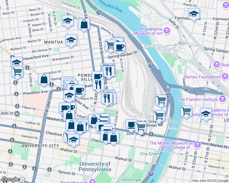 map of restaurants, bars, coffee shops, grocery stores, and more near 229 North 33rd Street in Philadelphia