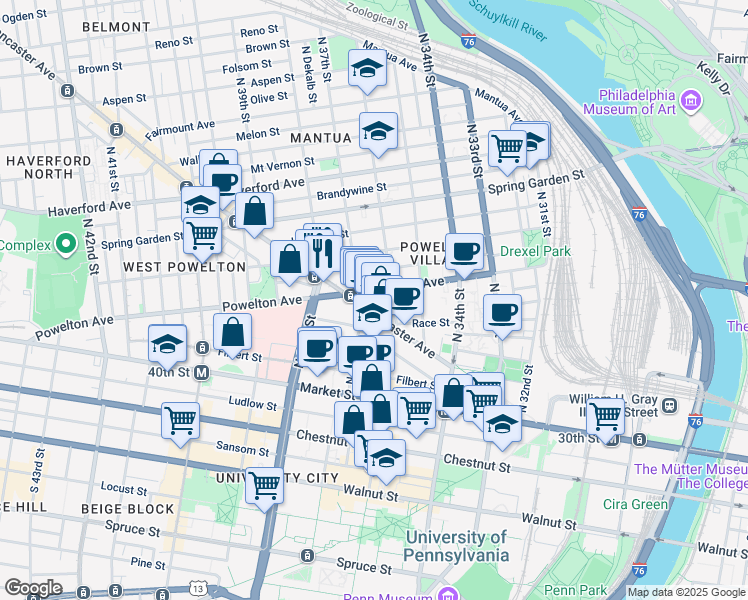 map of restaurants, bars, coffee shops, grocery stores, and more near 3618 Powelton Avenue in Philadelphia