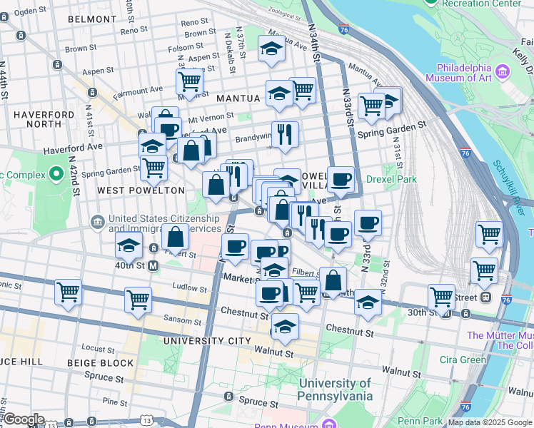 map of restaurants, bars, coffee shops, grocery stores, and more near in Philadelphia