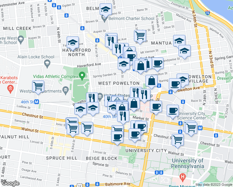 map of restaurants, bars, coffee shops, grocery stores, and more near 318 North 40th Street in Philadelphia