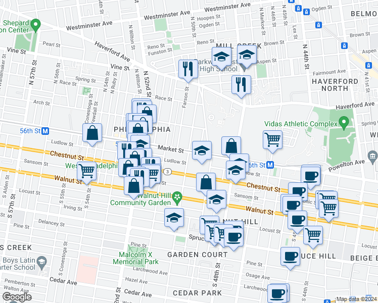 map of restaurants, bars, coffee shops, grocery stores, and more near 13 North 50th Street in Philadelphia