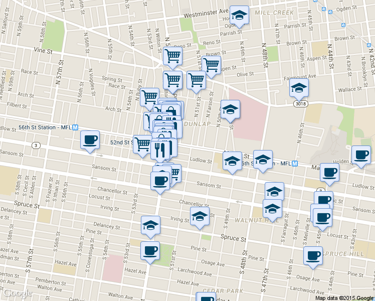 map of restaurants, bars, coffee shops, grocery stores, and more near 5119 Market Street in Philadelphia