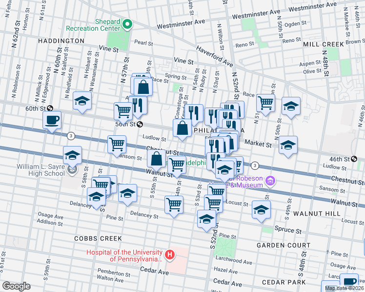 map of restaurants, bars, coffee shops, grocery stores, and more near 20 South Yewdall Street in Philadelphia