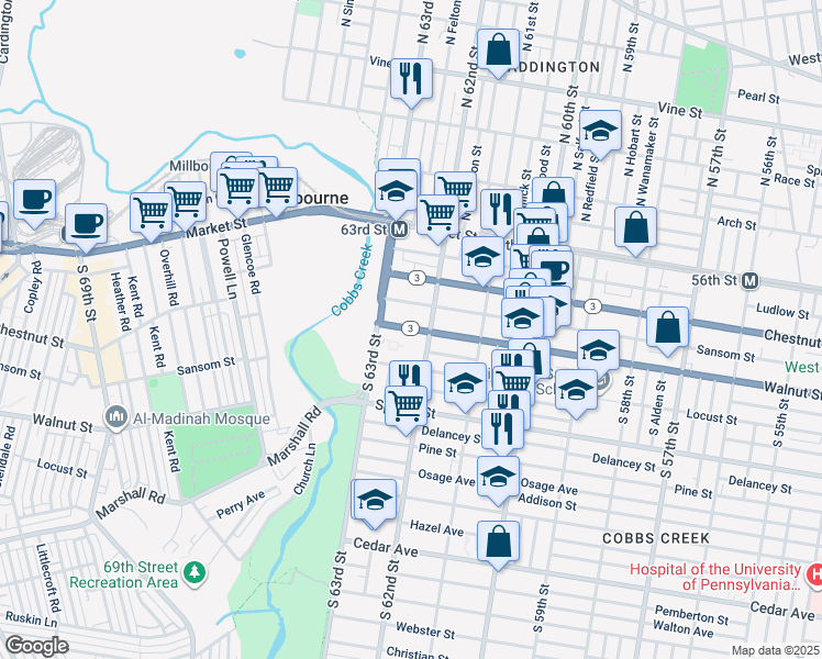 map of restaurants, bars, coffee shops, grocery stores, and more near 6222 Sansom Street in Philadelphia