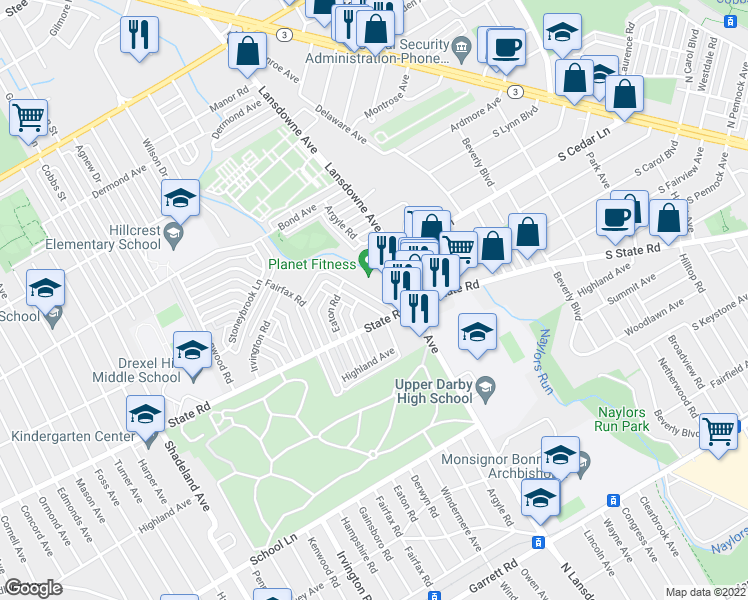 map of restaurants, bars, coffee shops, grocery stores, and more near 430 North Lansdowne Avenue in Drexel Hill