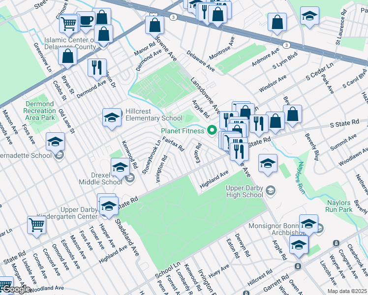 map of restaurants, bars, coffee shops, grocery stores, and more near 2423 Cedar Lane in Drexel Hill