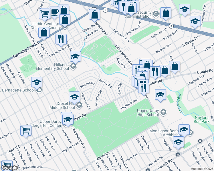 map of restaurants, bars, coffee shops, grocery stores, and more near 2423 Cedar Lane in Drexel Hill