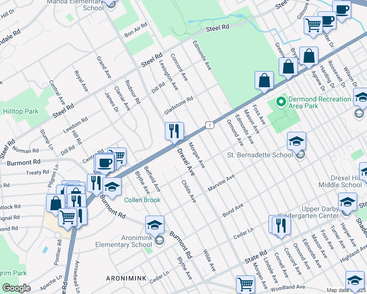 map of restaurants, bars, coffee shops, grocery stores, and more near 2 North Morgan Avenue in Havertown