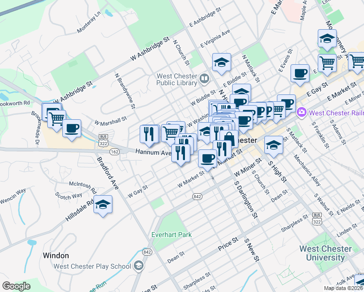 map of restaurants, bars, coffee shops, grocery stores, and more near 218 North New Street in West Chester