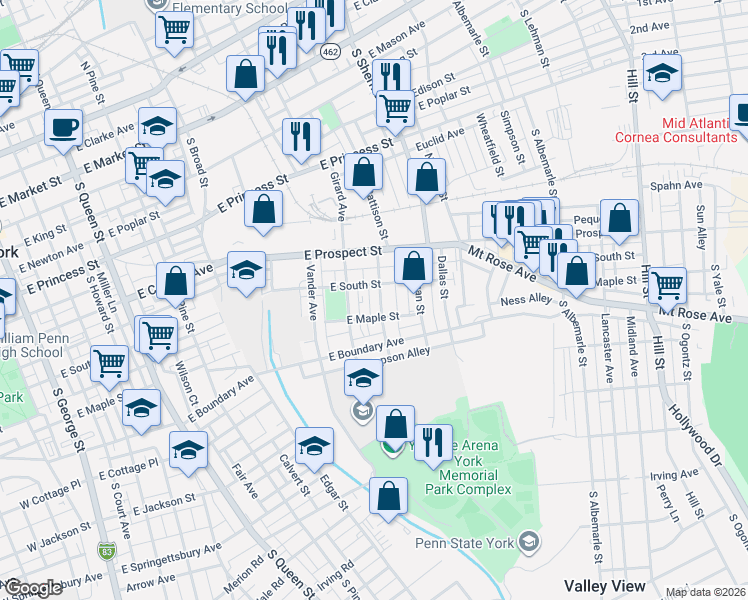 map of restaurants, bars, coffee shops, grocery stores, and more near 535 Girard Avenue in York