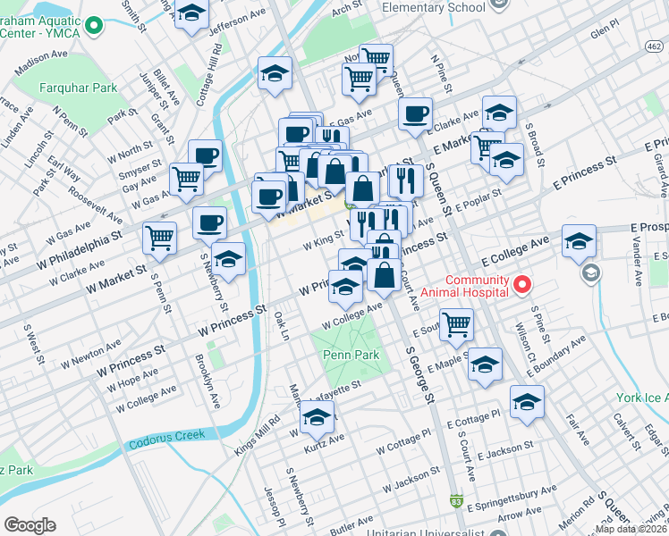 map of restaurants, bars, coffee shops, grocery stores, and more near 125 South Beaver Street in York