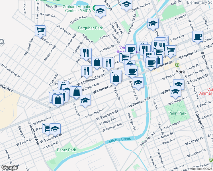 map of restaurants, bars, coffee shops, grocery stores, and more near 431 West Clarke Avenue in York