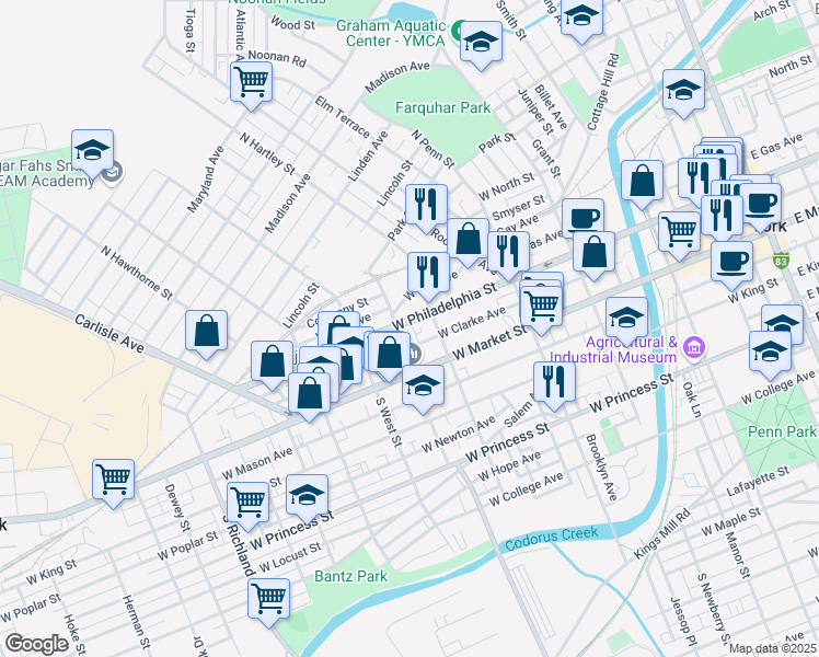 map of restaurants, bars, coffee shops, grocery stores, and more near 513 West Philadelphia Street in York