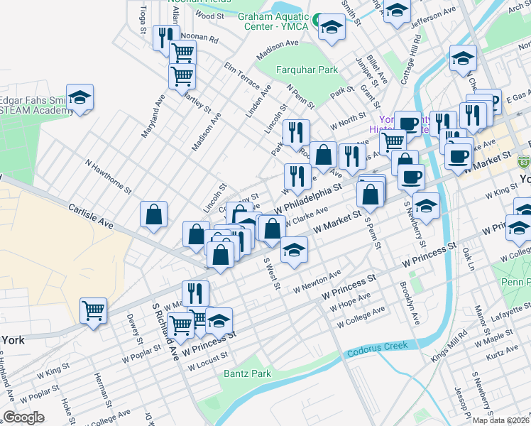 map of restaurants, bars, coffee shops, grocery stores, and more near 126 Manchester Street in York