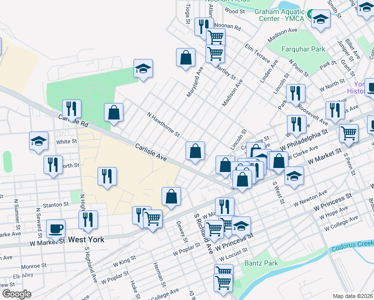 map of restaurants, bars, coffee shops, grocery stores, and more near 422 North Hawthorne Street in York