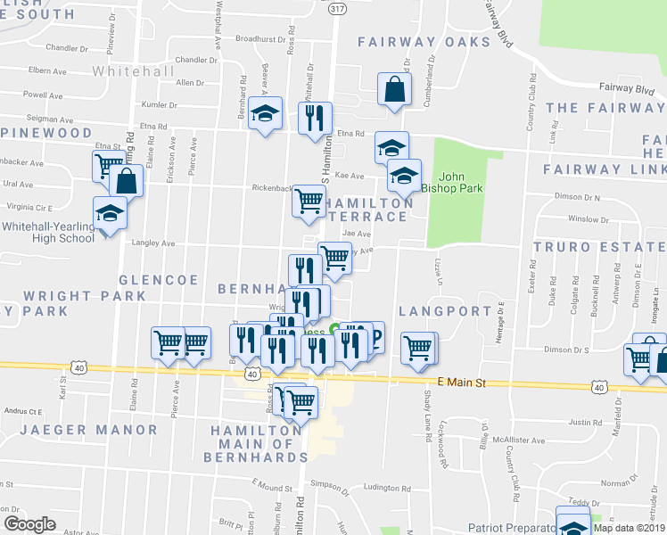 map of restaurants, bars, coffee shops, grocery stores, and more near 639 South Hamilton Road in Whitehall