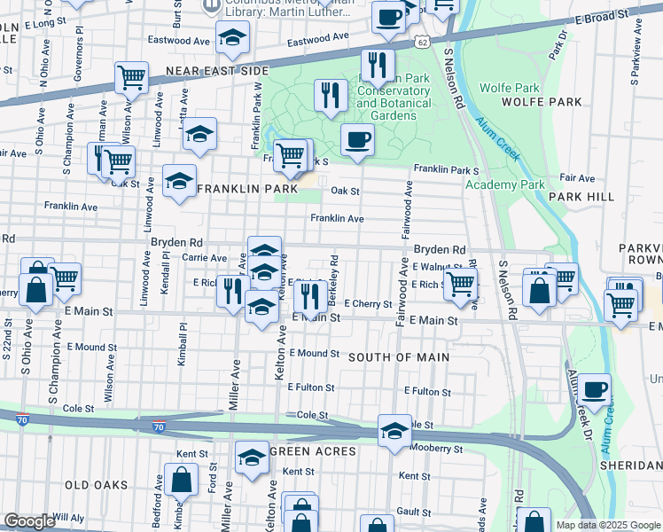 map of restaurants, bars, coffee shops, grocery stores, and more near 1639 Bryden Road in Columbus