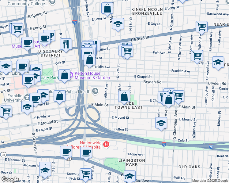 map of restaurants, bars, coffee shops, grocery stores, and more near 222 South Monroe Avenue in Columbus