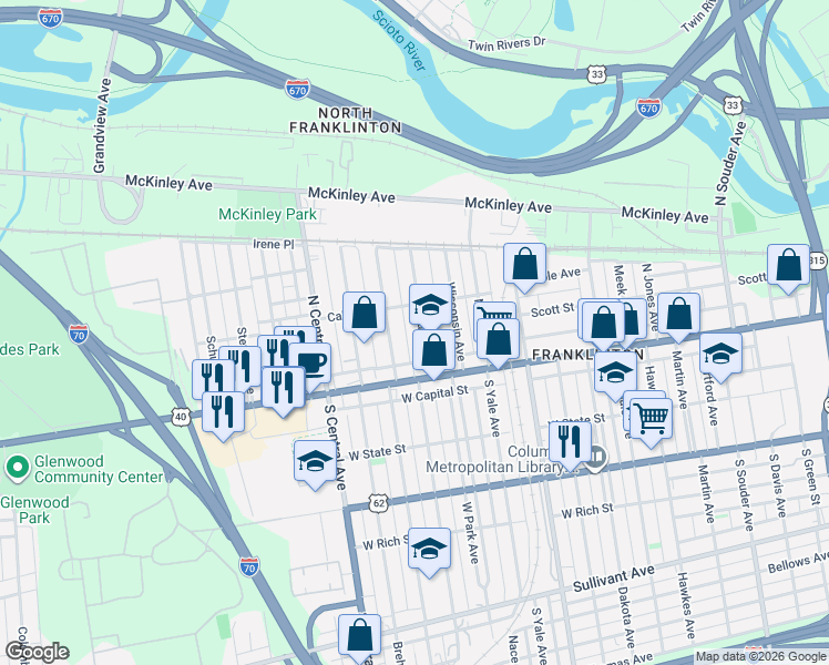 map of restaurants, bars, coffee shops, grocery stores, and more near 90 North Princeton Avenue in Columbus