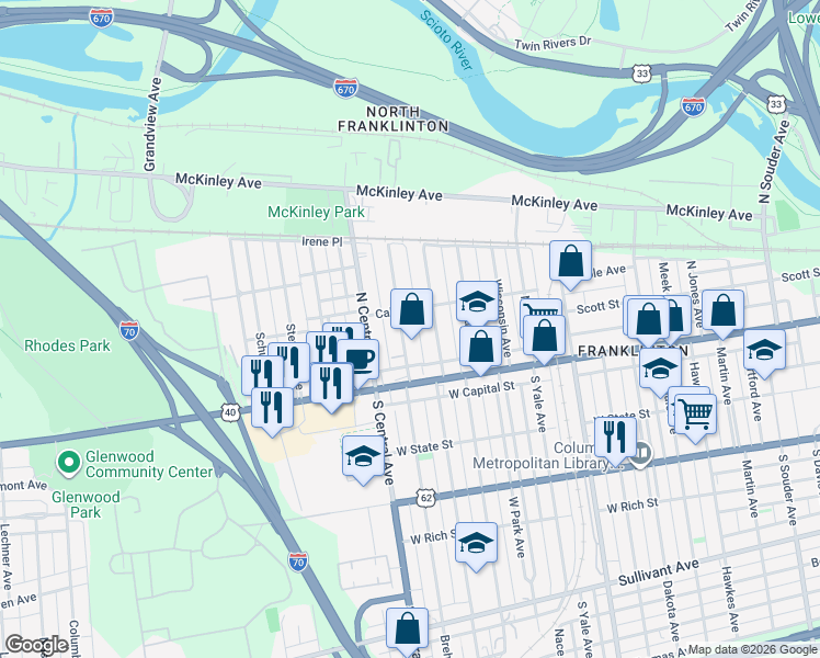 map of restaurants, bars, coffee shops, grocery stores, and more near 98 Hayden Avenue in Columbus