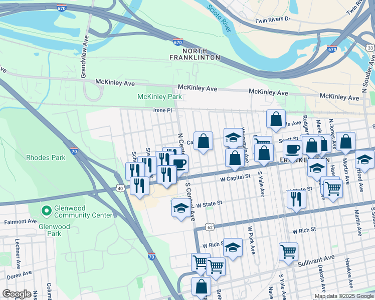 map of restaurants, bars, coffee shops, grocery stores, and more near 108 North Central Avenue in Columbus