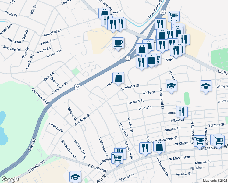 map of restaurants, bars, coffee shops, grocery stores, and more near 2159 Bannister Street in York