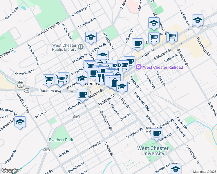 map of restaurants, bars, coffee shops, grocery stores, and more near 10 West Market Street in West Chester