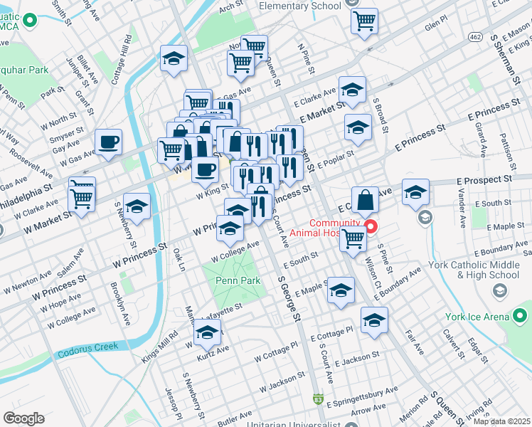 map of restaurants, bars, coffee shops, grocery stores, and more near 215 South George Street in York