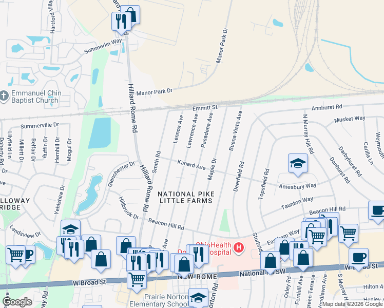 map of restaurants, bars, coffee shops, grocery stores, and more near 393 Lawrence Avenue in Columbus