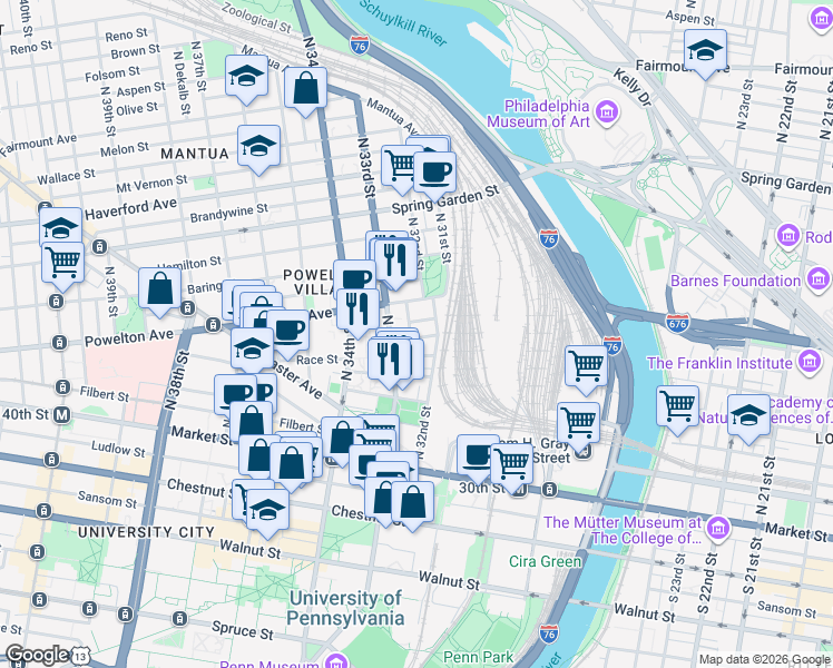 map of restaurants, bars, coffee shops, grocery stores, and more near 229 North 33rd Street in Philadelphia