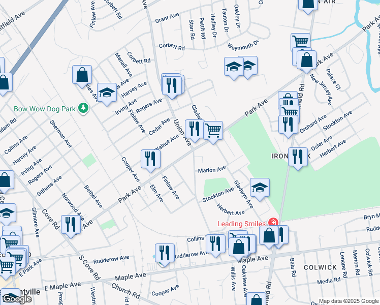 map of restaurants, bars, coffee shops, grocery stores, and more near 7564 Park Avenue in Pennsauken Township