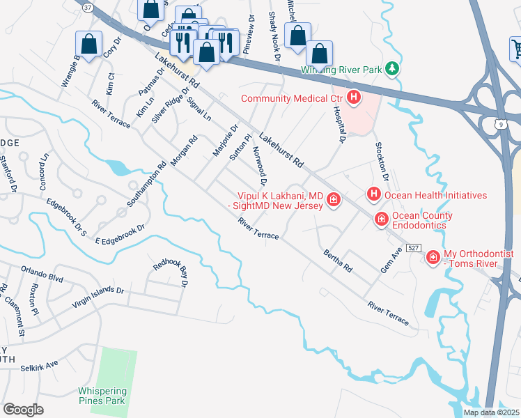 map of restaurants, bars, coffee shops, grocery stores, and more near 44 Williamsburg Drive in Toms River