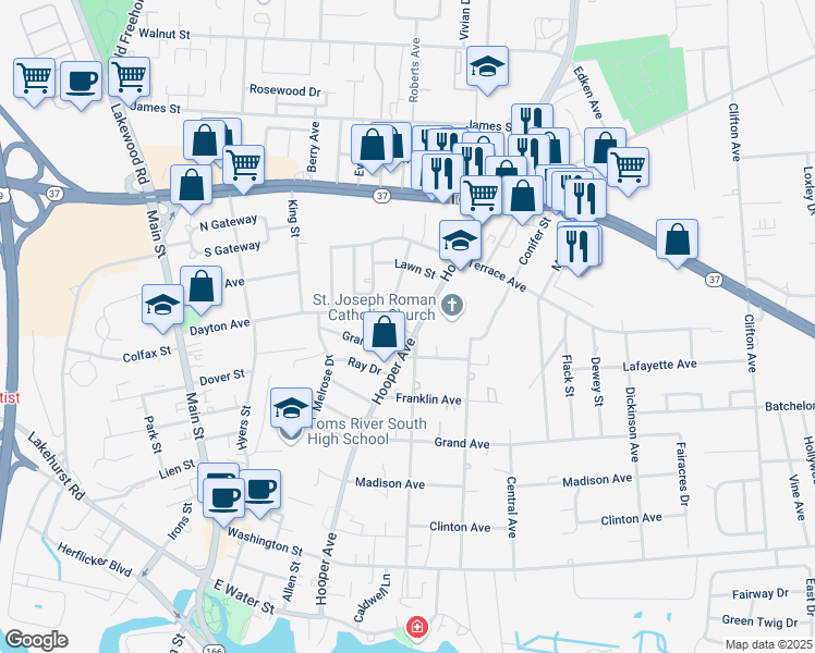 map of restaurants, bars, coffee shops, grocery stores, and more near in Toms River