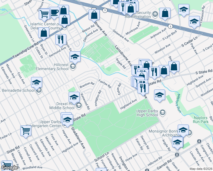 map of restaurants, bars, coffee shops, grocery stores, and more near 2423 Cedar Lane in Drexel Hill